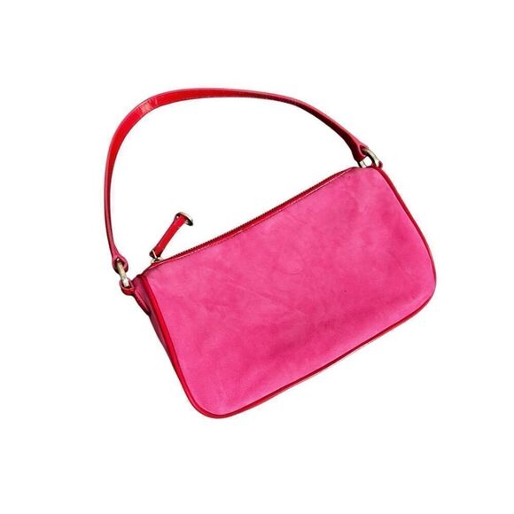 Hot pink Ann Taylor handbag small trimmed in  red patent leather with zipper - Picture 1 of 3